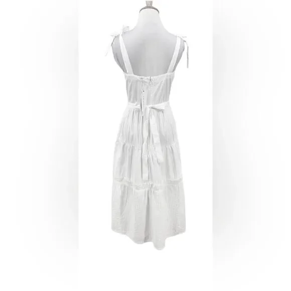 Topshop White Pintuck Tie Shoulder Tiered Hem Beachy SummerโCasual MidiโDress - Picture 5 of 9